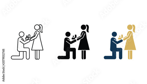 Foto Man proposing to woman with engagement ring icon set in line art solid black and