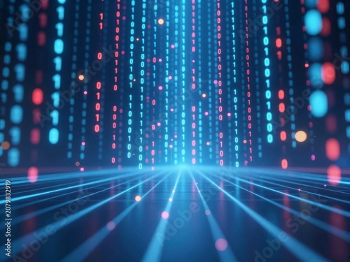 Digital data stream with binary code falling over a futuristic glowing floor blue and red light effects