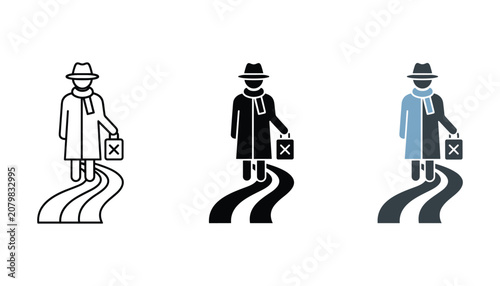 Photos Man in trench coat and hat walking with mystery suitcase icon set representing s