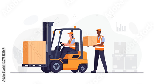 Warehouse Workers Operating Forklift and Carrying Boxes, Logistics and Delivery Concept