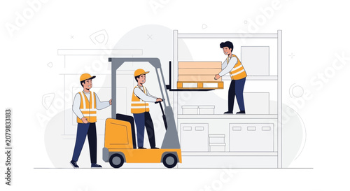Warehouse workers operating forklift and placing cargo on shelves, logistics and delivery illustration