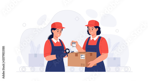 Warehouse Workers Packing and Labeling Boxes on a Conveyor Belt, Logistics and Delivery Concept