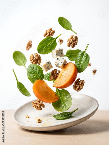Fresh salad ingredients including spinach leaves walnuts and blue cheese floating above a ceramic plate.