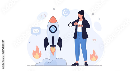 Woman checks watch by launching rocket, symbolizing startup, business growth, and time management in modern vector illustration.