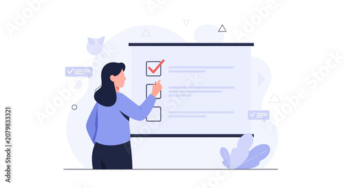 Woman completes checklist on whiteboard, business planning, task management, and project completion concept
