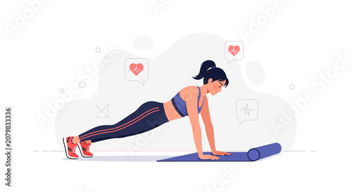 Woman doing a plank exercise on a yoga mat, health and fitness concept, vector illustration with heartbeats.