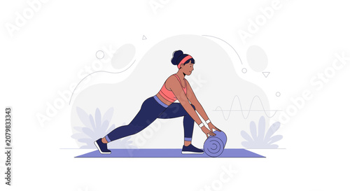 Woman Doing Lunge Exercise with Medicine Ball in Modern Flat Illustration Style