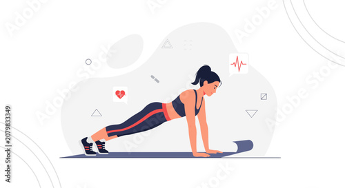 Woman doing plank exercise on yoga mat, healthy lifestyle, fitness, workout, cardio, sport, active, wellness illustration