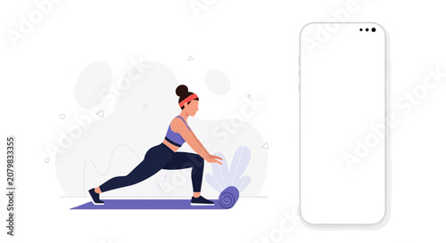 Woman doing yoga lunge exercise next to a smartphone with blank screen, promoting fitness apps and healthy lifestyle