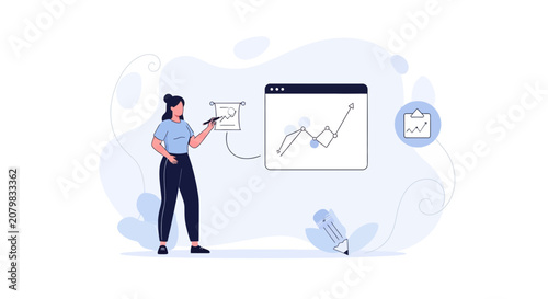 Woman draws upward trending graph on a whiteboard, representing business growth and analytics. Modern flat vector illustration.
