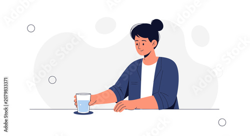 Woman Drinking Water from Glass, Healthy Lifestyle, Hydration, Modern Flat Illustration with Soft Background