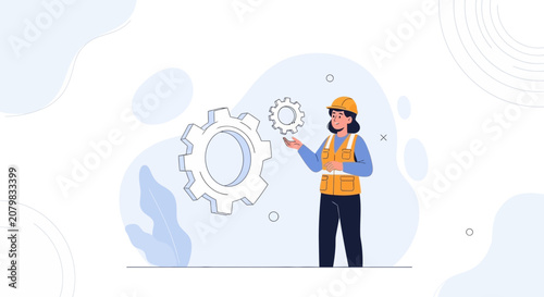 Woman Engineer in Hard Hat and Vest Holding Cogwheel, representing industry, innovation, and teamwork in engineering and manufacturing