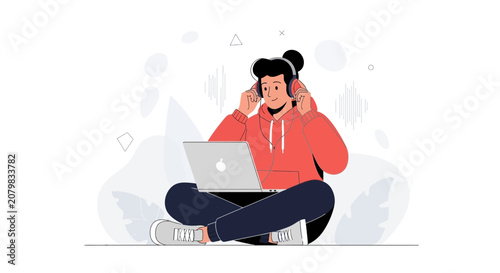 Young person with headphones listening to music on laptop, modern flat illustration