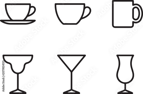 Set of various outlined drink ware icons.