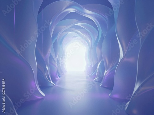 Abstract futuristic tunnel with flowing purple-blue waves and bright light at end