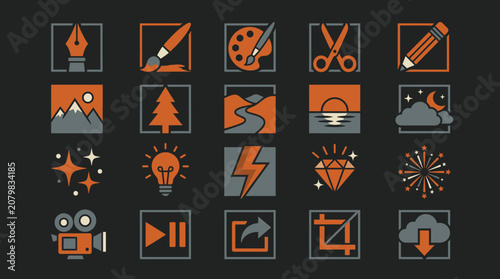 Creative Design Multimedia and Nature Icons Collection for Digital Art and Web Applications