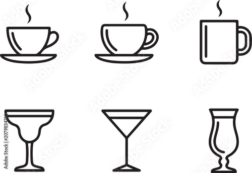 Set of various outlined drink ware icons.