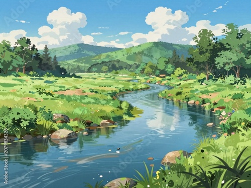 A serene animated landscape featuring a winding river through lush green meadows forested hills and scattered rocks under a blue sky with fluffy clouds