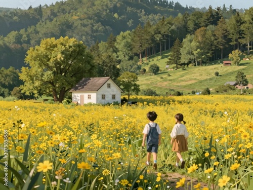Two children walking through a sunlit field of yellow wildflowers toward a white house on a green hillside