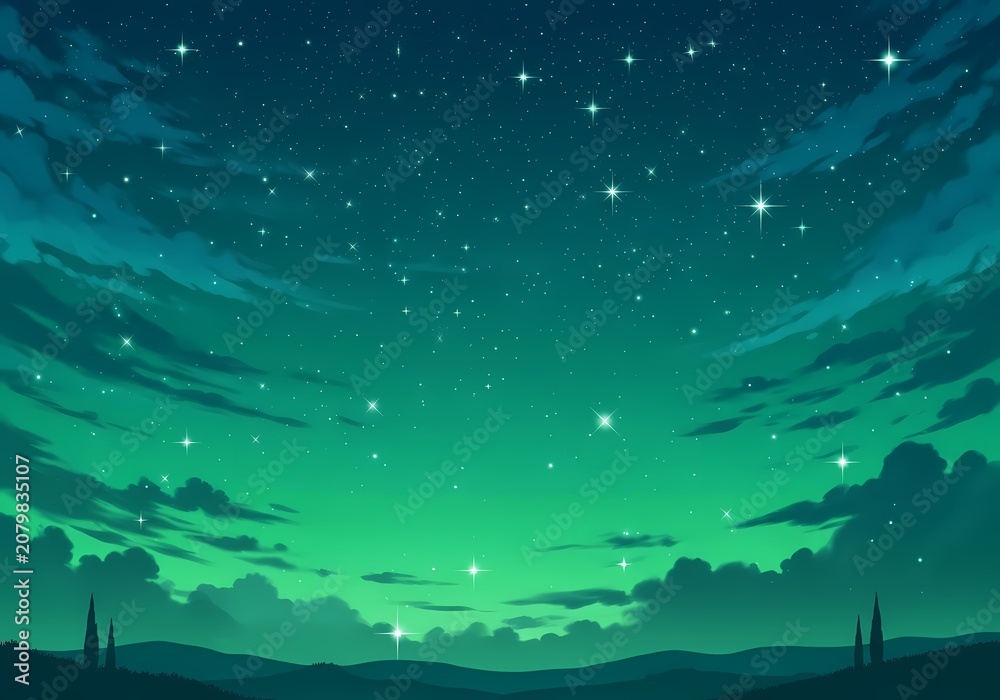Obraz premium Anime Wallpaper Night Green Sky with Stars and Clouds.
