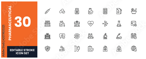 Foto Set of thirty pharmaceutical and medical line icons for healthcare research and