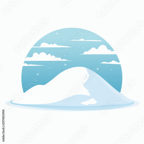Stylized Winter Landscape with Snow-Covered Hill and Clouds