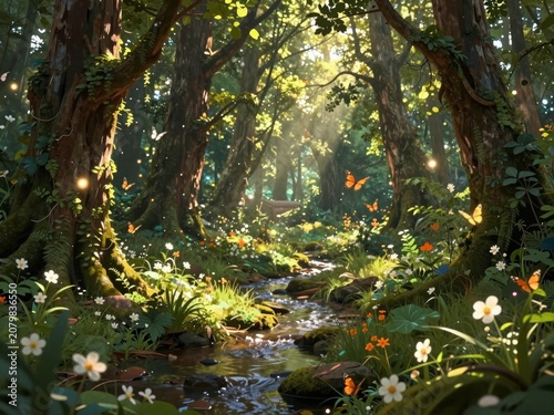 Sunlit forest stream with mossy trees wildflowers and fluttering butterflies in a serene woodland setting