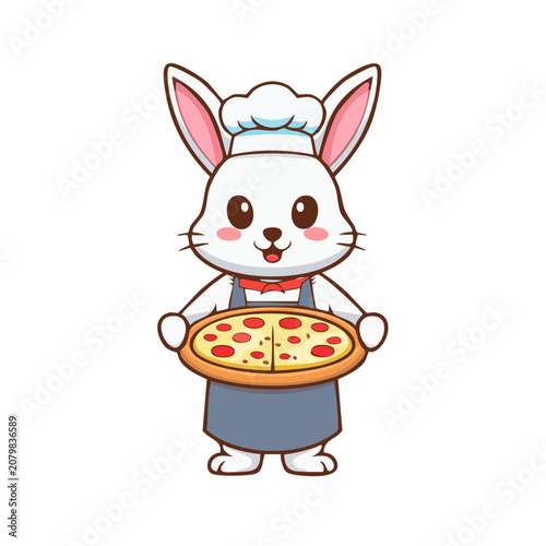 Cartoon Rabbit Chef Holding Pizza on Tray
