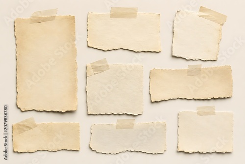 Torn Paper Pieces With Tape A Flat Lay Arrangement On A White Surface aged