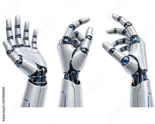 Robotic hands in multiple poses a 3d rendering with metallic silver and blue accents