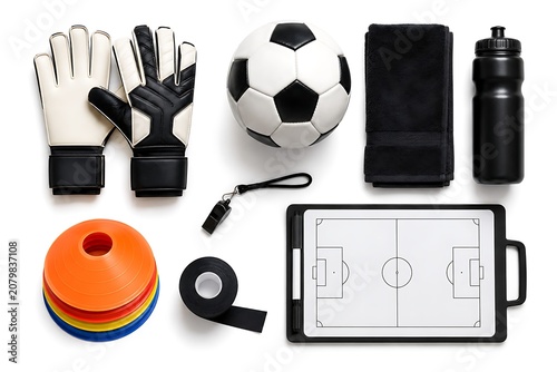 Soccer Equipment Arrangement Including Goalkeeper Gloves Ball And Training Tools On White athletic black