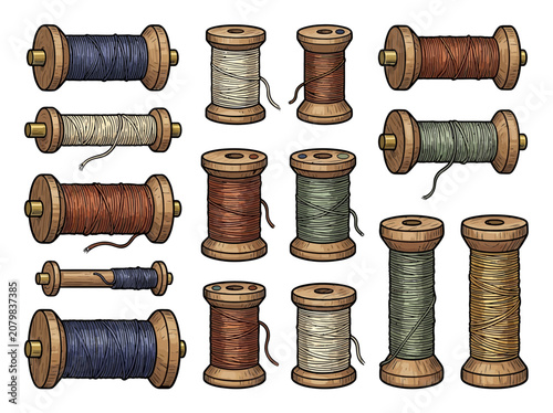 Bild auf Leinwand Assorted Wooden Bobbins And Spools With Threads In Blue White Brown And Green Co