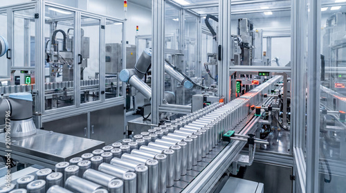 Advanced Electric Vehicle Battery Cell Production Line Showing Shiny Metallic Cylinders Moving Through Automated Machinery