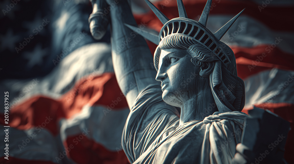 Obraz premium Majestic Statue of Liberty at Sunrise with New York Skyline Iconic Statue of Liberty Against Clear Blue Sky in USA Historic Statue of Liberty National Monument in New York Harbor Close-Up View usa