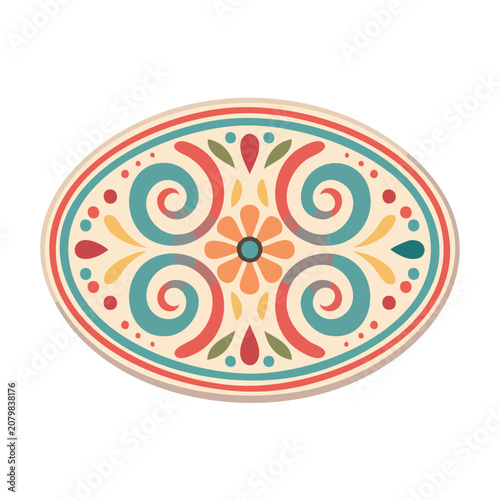 Colorful Folk Art Decorative Plate with Floral and Spiral Design