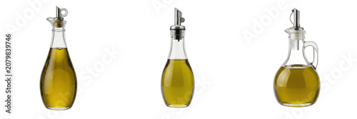 Tableau sur toile Three Glass Bottles of Extra Virgin Olive Oil Isolated on White Background, Culi