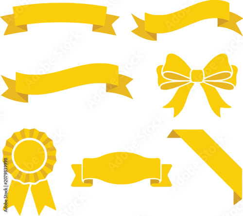 Yellow ribbon banners and award labels set isolated on white background for promotion and celebration design