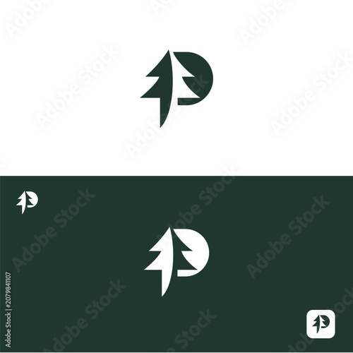 Eco friendly letter p logo with pine tree design branding environment