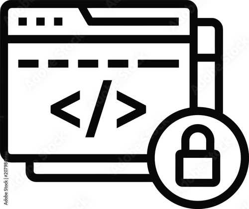 Linear of a web browser window displaying code brackets with a padlock symbol, representing secure web development and coding