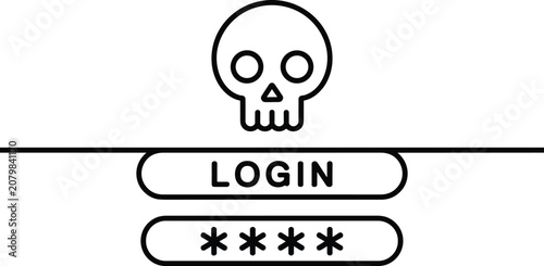 Login and password input fields with a skull above representing cybersecurity risks and unauthorized access to digital user accounts