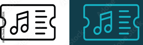 Music ticket with a musical note symbol in black and white and teal color variations for concert events and entertainment ticketing