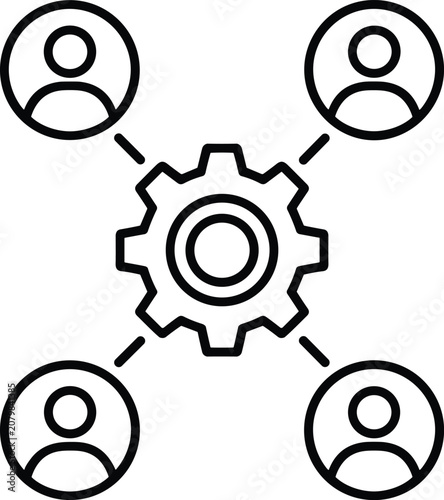 Organizational chart featuring a central gear symbol connected to four user profile representing teamwork, management, and process