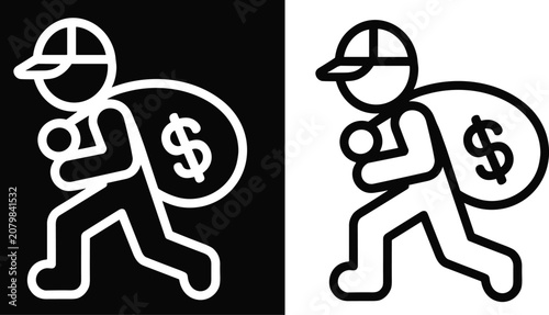 Set of a thief or robber character carrying a money bag with a dollar sign, depicted in bold black and white outline style on background