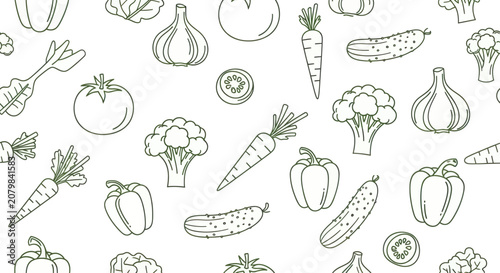 Fotografie Seamless pattern of fresh vegetables hand-drawn outline illustration