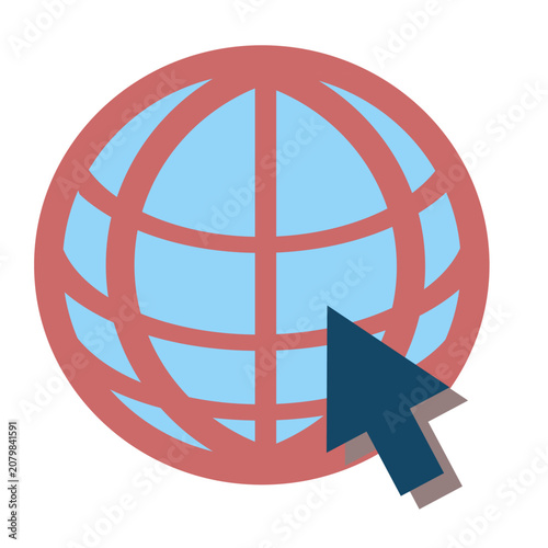 Modern global web icon vector featuring a blue globe grid with a dark blue arrow cursor, perfect for internet, website domain, and digital network designs.