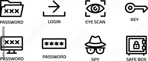 Set of eight black and white security including password folder, login, eye scan, key, monitor, spy, and safe box on white background