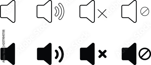 Set of eight black and white speaker volume including sound on, sound off, mute, and restricted audio symbols for digital interfaces