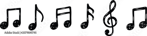 Set of six hand drawn musical notes and a treble clef symbol in black ink style on a clean white background, for music
