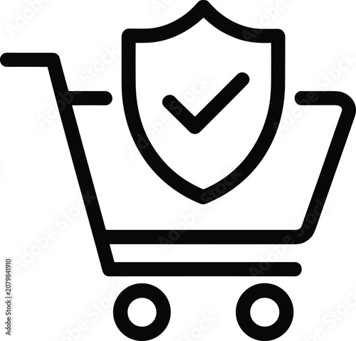 Shopping cart with a shield and checkmark symbol inside, representing secure online payments, safe checkout, and e-commerce protection