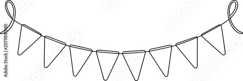 Simple black and white line of a festive bunting garland with triangular flags hanging on a string, isolated on white